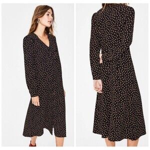 Boden Elsie Midi Dress Size US 8P Polka Dot Black Tan Button Front V-neck W0300